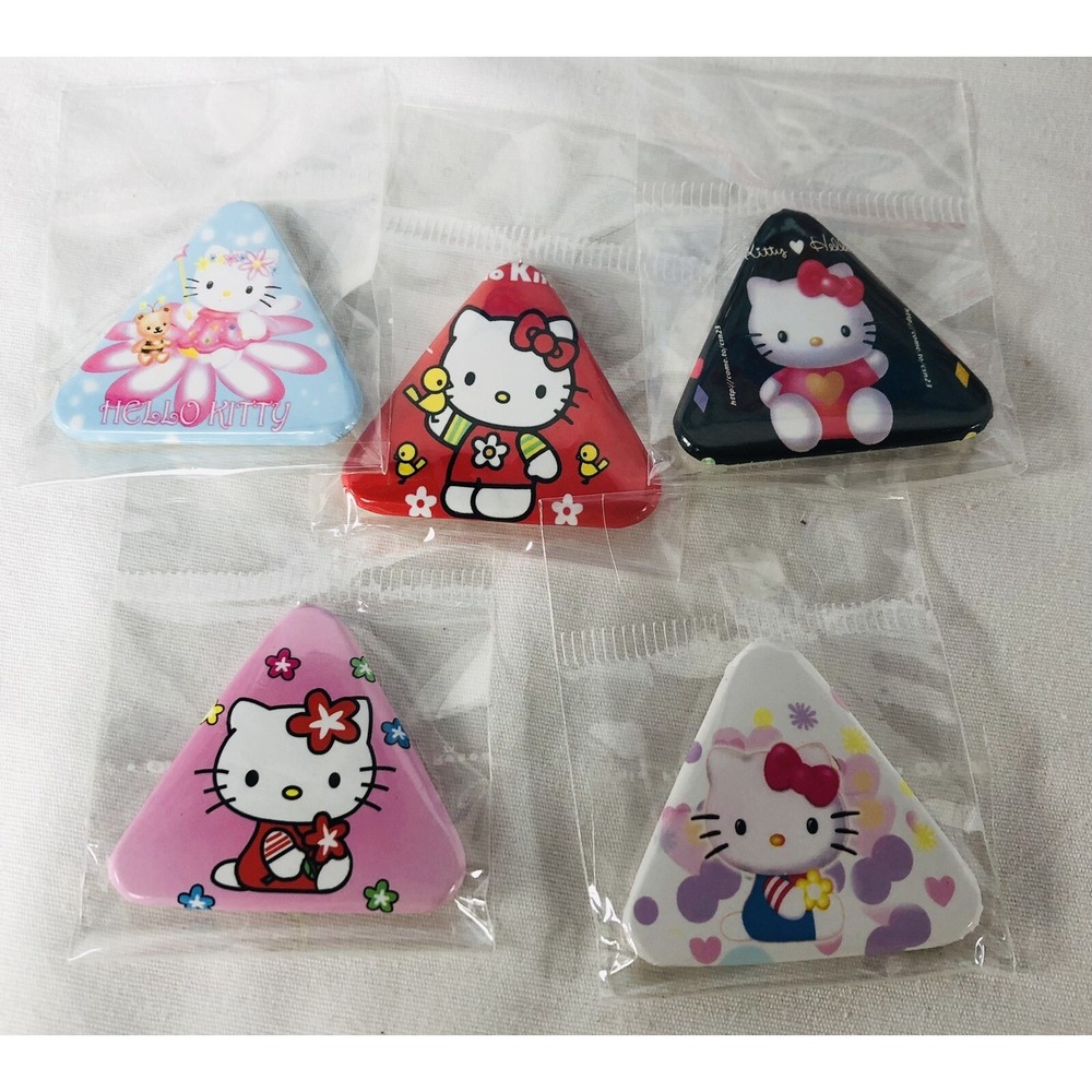 Lot of 5 Hello Kitty Metal Badge Pin Back Triangle 1.5" Tall Multicolored NIP